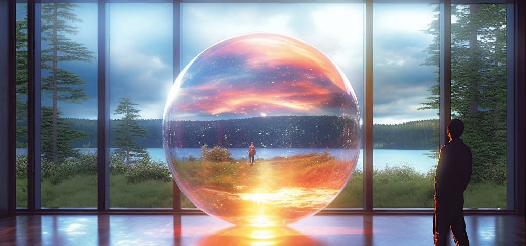 A bubble or portal to another time sits in an empty room overlooking a lake