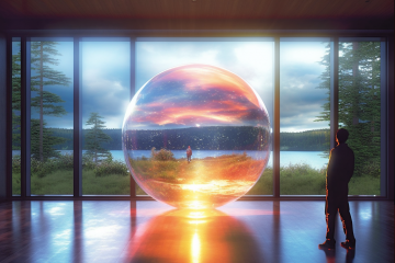 A bubble or portal to another time sits in an empty room overlooking a lake