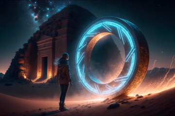 A person stands next to a mysterious portal